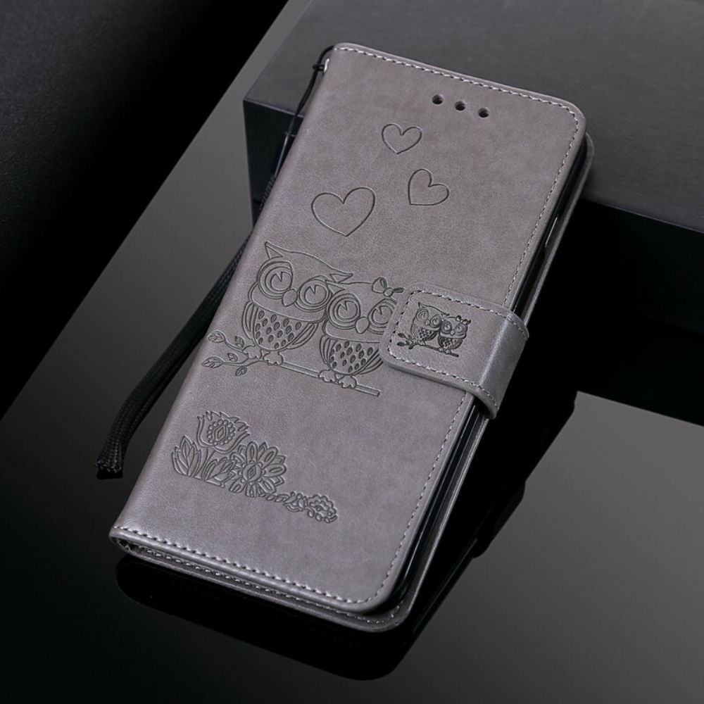 Folio-hoesje voor Xiaomi Mi A3 Met Ketting Amoureuze Uilen Met Bandjes