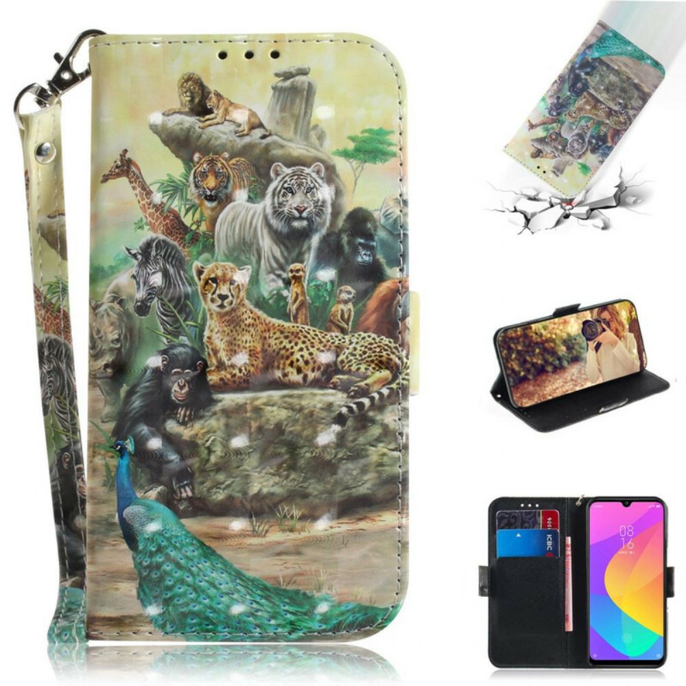 Folio-hoesje voor Xiaomi Mi A3 Met Ketting Thong Safari Dieren
