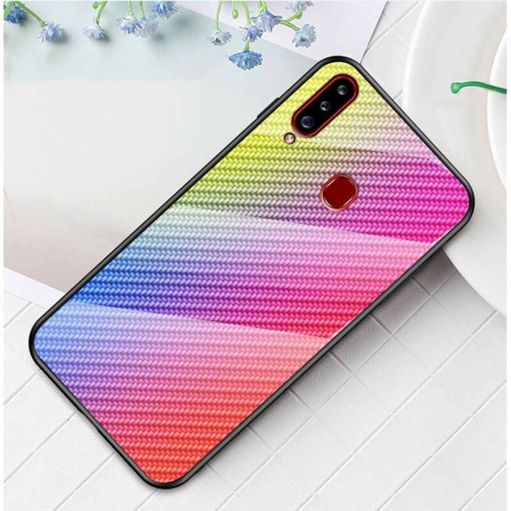 Telefoonhoesje voor Samsung Galaxy A20s Koolstofvezel Gehard Glas