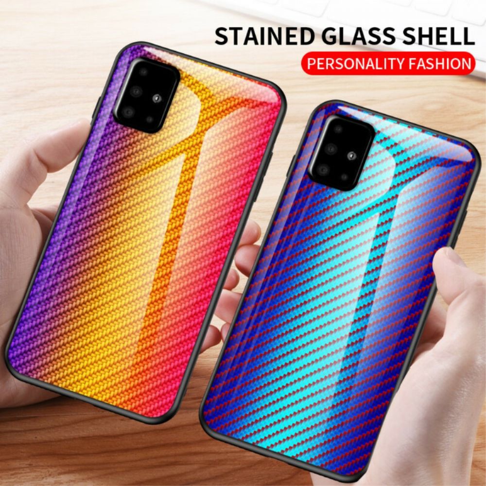 Telefoonhoesje voor Samsung Galaxy A51 Koolstofvezel Gehard Glas