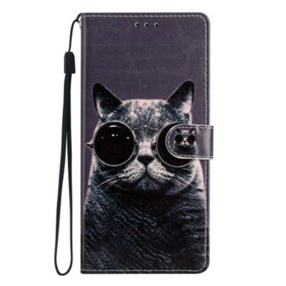 Folio-hoesje voor Google Pixel 7A Met Ketting Strappy Kattenbril