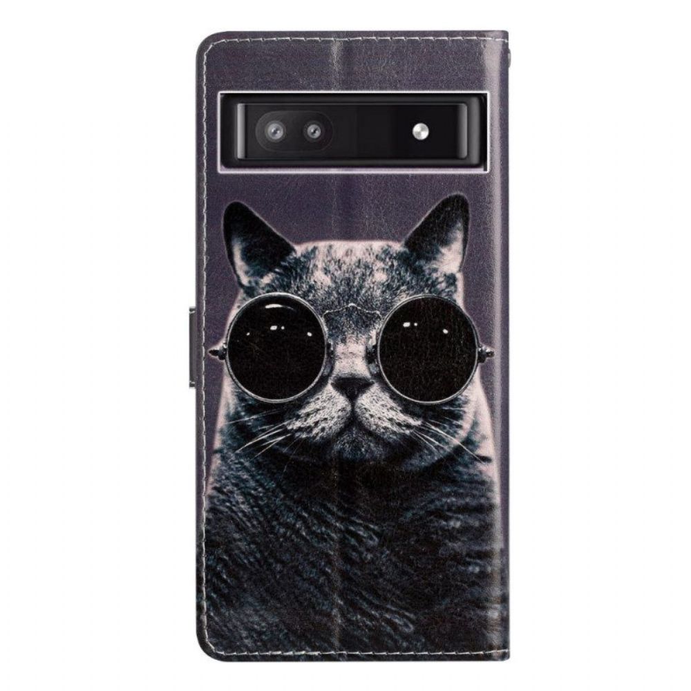 Folio-hoesje voor Google Pixel 7A Met Ketting Strappy Kattenbril
