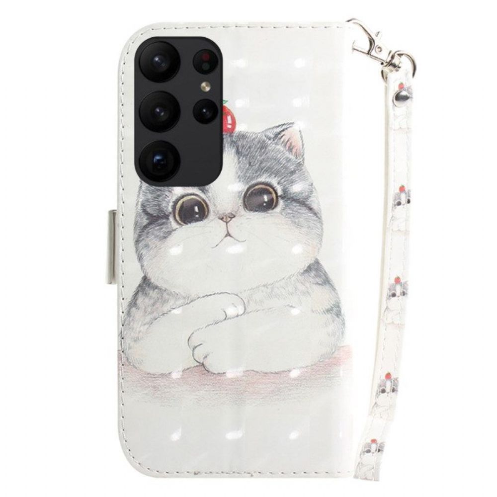 Folio-hoesje voor Samsung Galaxy S23 Ultra 5G Met Ketting Grijze Kat Met Riem