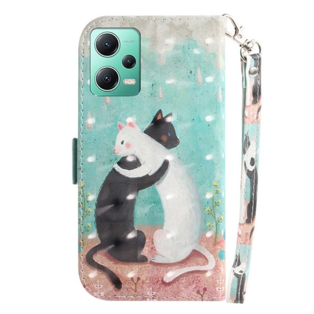 Folio-hoesje voor Xiaomi Redmi Note 12 5G Met Ketting Witte Kat Zwarte Kat Met Riem