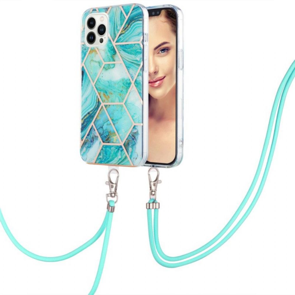Hoesje voor iPhone 15 Pro Max Met Koord Stijlvol Marmeren Koord