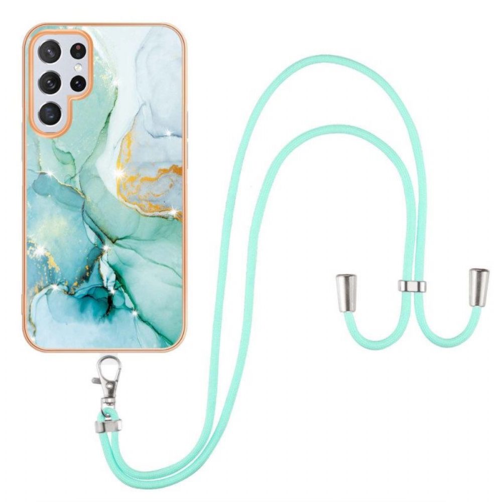 Hoesje voor Samsung Galaxy S23 Ultra 5G Met Koord Trekkoord In Marmeren Stijl