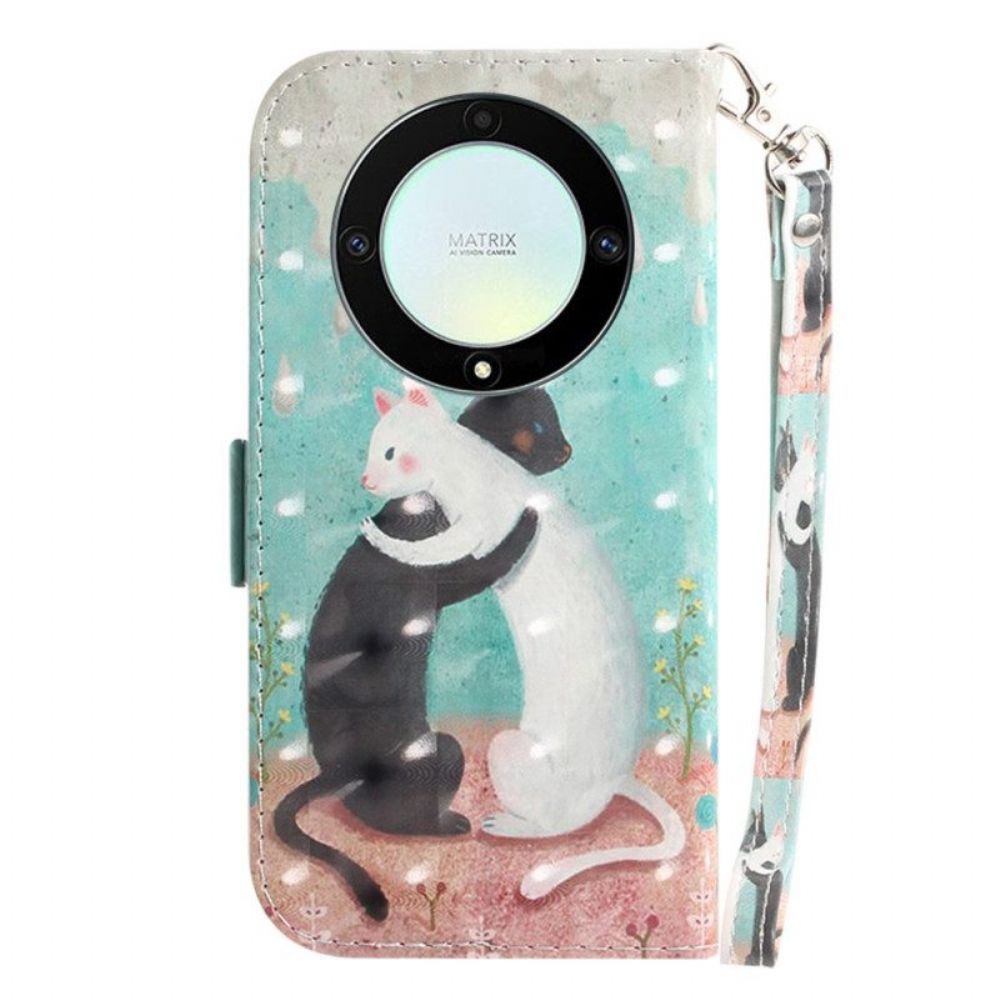 Leren Hoesje voor Honor Magic 5 Lite Met Ketting Witte Kat Zwarte Kat Met Riem